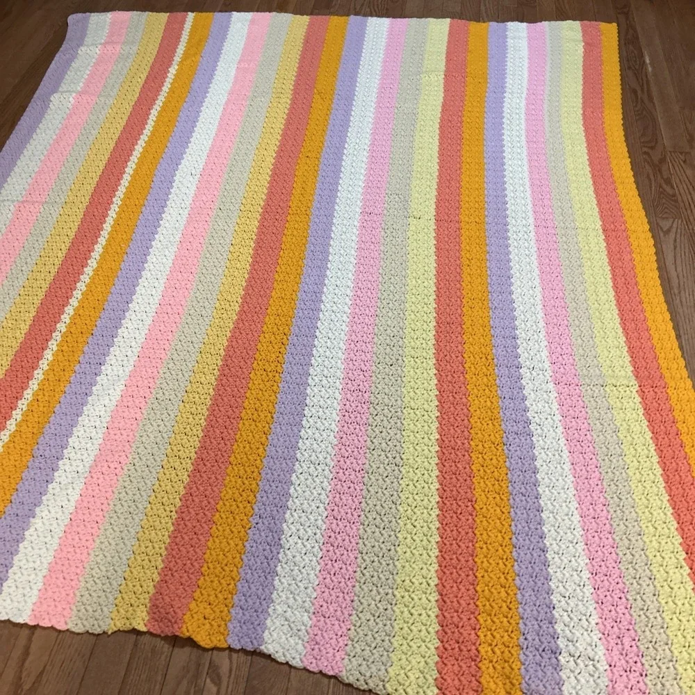 Handmade Multi Colored Striped Afghan Throw Blanket Scallop Edge Granny 72